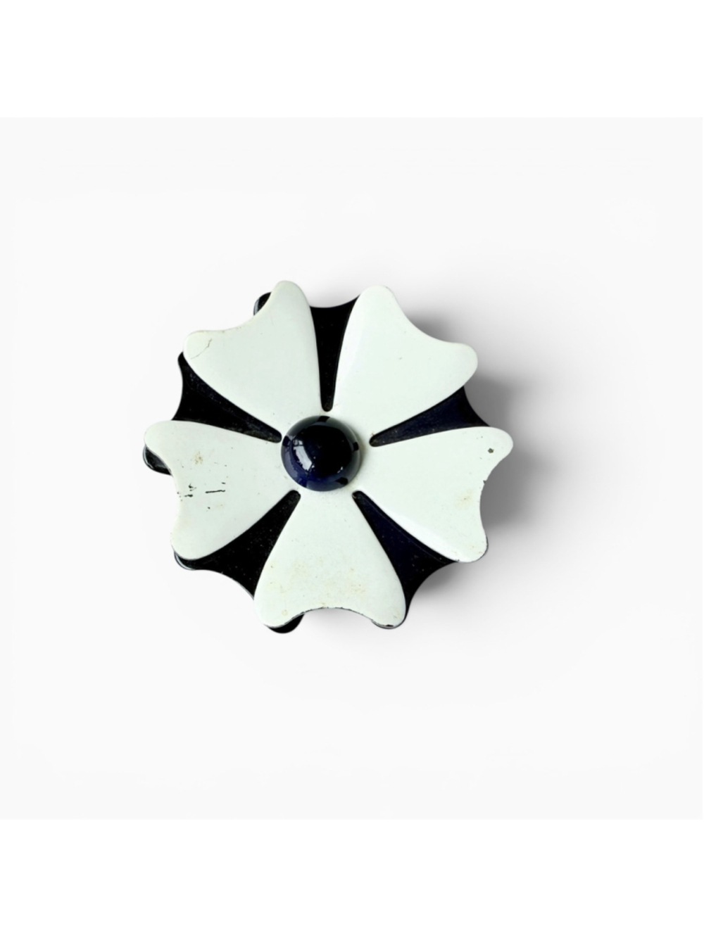 Vintage Navy and Cream Enamel Flower Brooch, Mid Century Modern Floral Pin, Mod